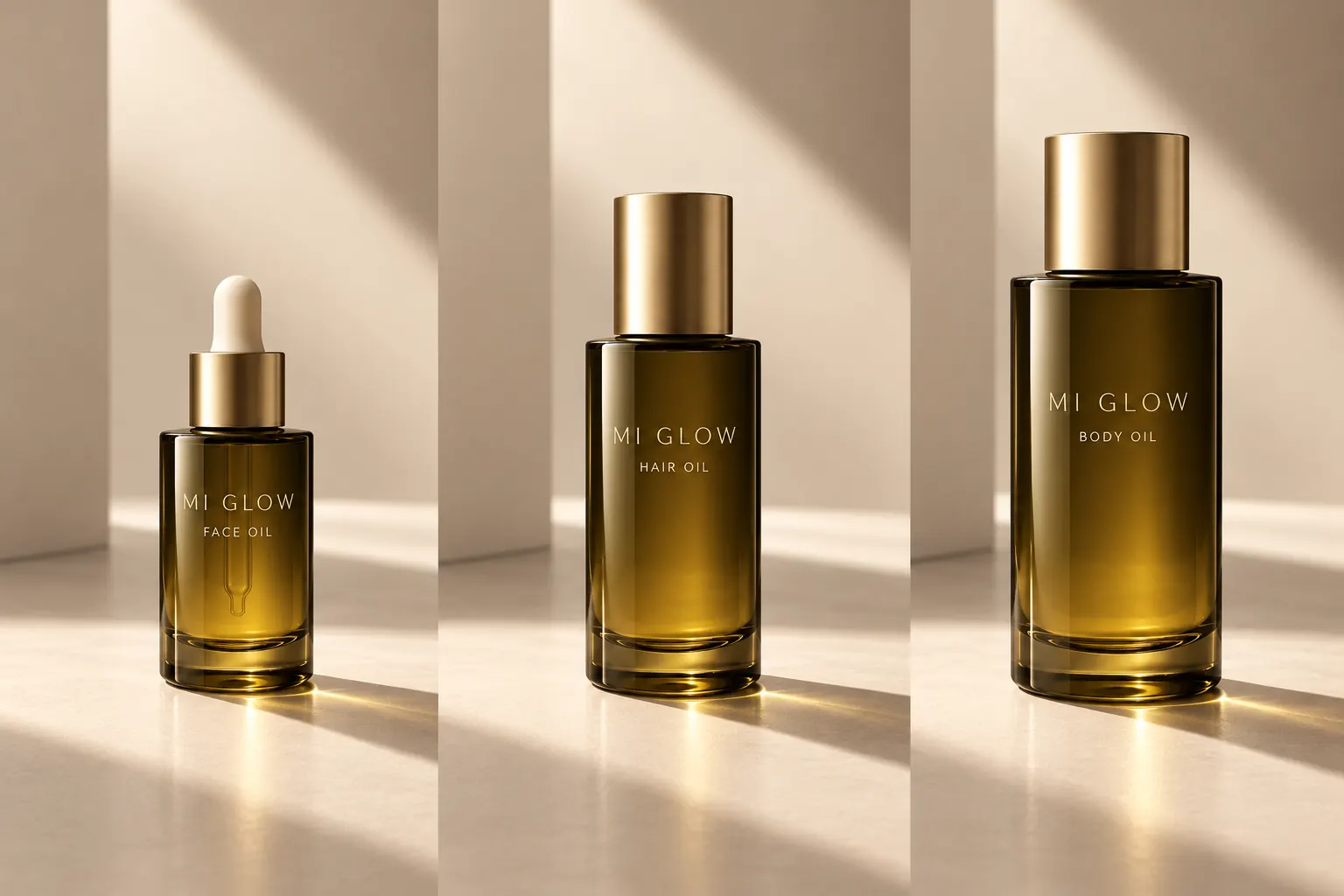 Mi Glow signature face, hair and body oils in olive-glass packaging.